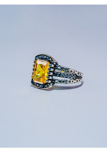 Parlak Sarı Renk Doğal Taşlı El Yapımı 925 Ayar Gümüş Yüzük - Şık Hediye Seçeneği modelleri