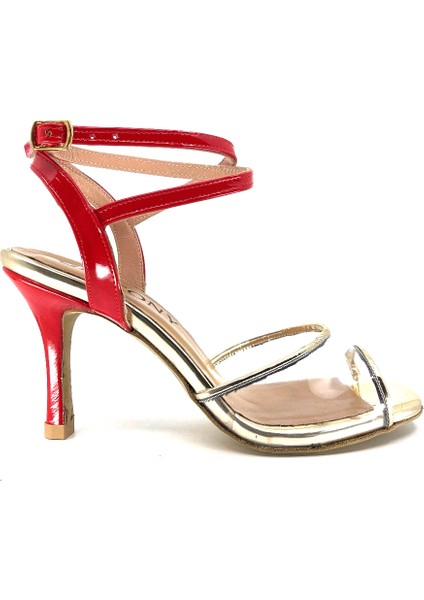 𝐕𝐈𝐕𝐄𝐋𝐋𝐀 | 𝐆𝐄𝐋𝐓𝐎𝐍𝐘® Tango • Düğün • Gece • Özel Gün • Kırmızı Rugan & Altın Bantlı Işıltılı Kadın Topuklu Ayakkabı