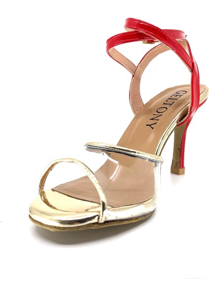 𝐕𝐈𝐕𝐄𝐋𝐋𝐀 | 𝐆𝐄𝐋𝐓𝐎𝐍𝐘® Tango • Düğün • Gece • Özel Gün • Kırmızı Rugan & Altın Bantlı Işıltılı Kadın Topuklu Ayakkabı indirimleri