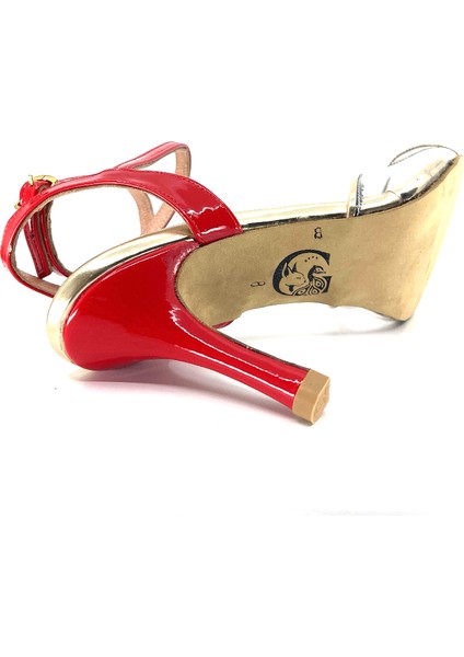 𝐕𝐈𝐕𝐄𝐋𝐋𝐀 | 𝐆𝐄𝐋𝐓𝐎𝐍𝐘® Tango • Düğün • Gece • Özel Gün • Kırmızı Rugan & Altın Bantlı Işıltılı Kadın Topuklu Ayakkabı
