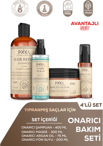 Onarıcı Şampuan – Maske – Argan Serum – Fön Suyu 4’lü Set |400 Ml, 300 Ml, 75 Ml, 200 ml