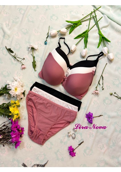 3'lü Takım Siyah Beyaz Pembe Çizgili Destekli B Cup Iç Çamaşır Takımı