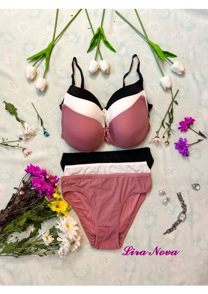 3'lü Takım Siyah Beyaz Pembe Çizgili Destekli B Cup Iç Çamaşır Takımı modelleri