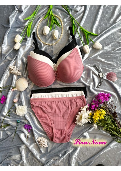 3'lü Takım Siyah Beyaz Pembe Çizgili Destekli B Cup Iç Çamaşır Takımı fırsatları