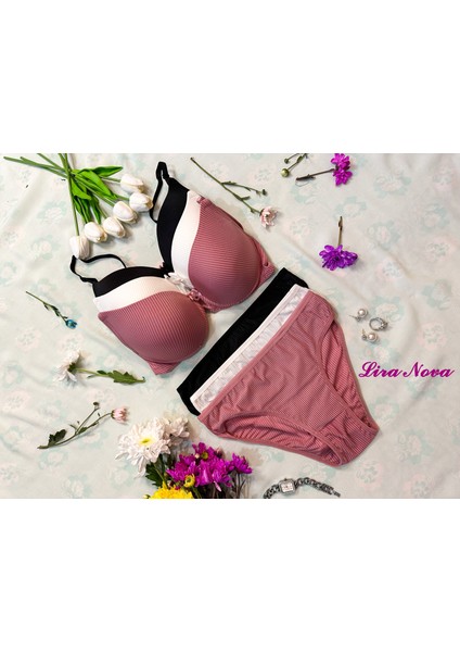 3'lü Takım Siyah Beyaz Pembe Çizgili Destekli B Cup Iç Çamaşır Takımı indirimleri