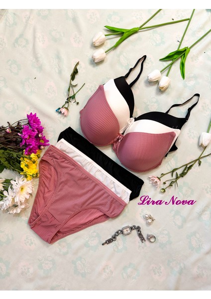 3'lü Takım Siyah Beyaz Pembe Çizgili Destekli B Cup Iç Çamaşır Takımı