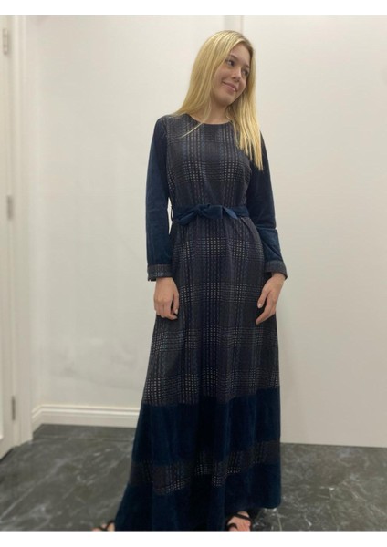 Kadın Uzun Kollu Nubuk Kadife Uzun Elbise