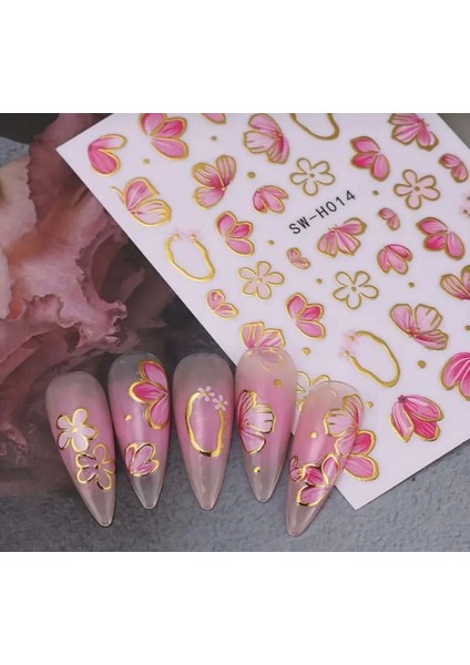 3D Pembe Çiçekli Tırnak Süsleme Stickerı Nail Art Süslemeleri
