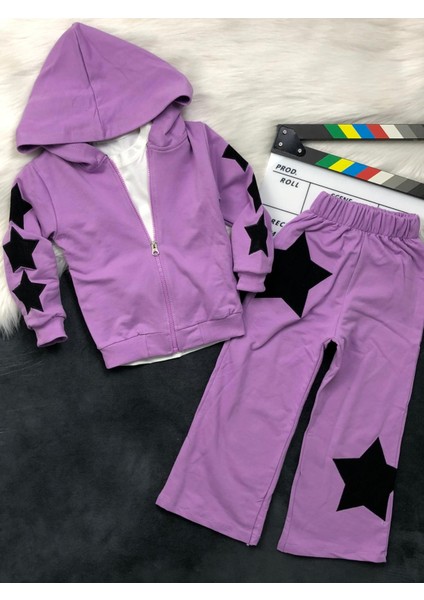 Kız Çocuk Yıldız Aplike Üçlü Takım - Hırka - Body - Pantolon - %100 Pamuklu