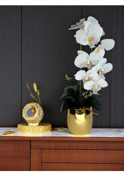 Yapay Çiçek Beyaz Islak Orkide 55 cm Lüks Gold Metal Saksıda Dekoratif Hediye Yapay Salon Çiçeği