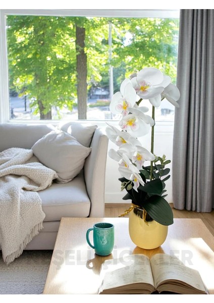 Yapay Çiçek Beyaz Islak Orkide 55 cm Lüks Gold Metal Saksıda Dekoratif Hediye Yapay Salon Çiçeği fiyatları