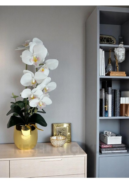 Yapay Çiçek Beyaz Islak Orkide 55 cm Lüks Gold Metal Saksıda Dekoratif Hediye Yapay Salon Çiçeği modelleri