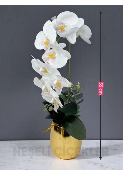 Yapay Çiçek Beyaz Islak Orkide 55 cm Lüks Gold Metal Saksıda Dekoratif Hediye Yapay Salon Çiçeği fırsatları