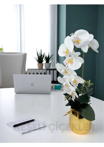 Yapay Çiçek Beyaz Islak Orkide 55 cm Lüks Gold Metal Saksıda Dekoratif Hediye Yapay Salon Çiçeği indirimleri