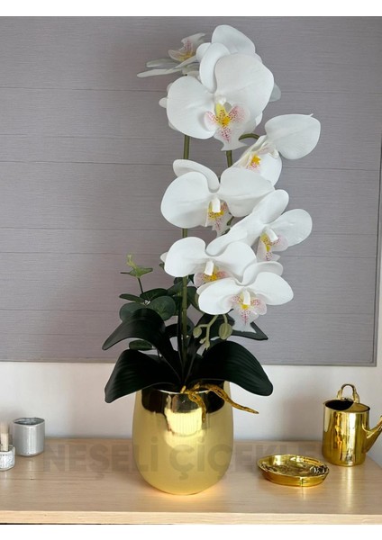 Yapay Çiçek Beyaz Islak Orkide 55 cm Lüks Gold Metal Saksıda Dekoratif Hediye Yapay Salon Çiçeği