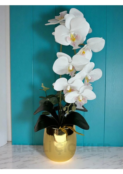 Yapay Çiçek Beyaz Islak Orkide 55 cm Lüks Gold Metal Saksıda Dekoratif Hediye Yapay Salon Çiçeği