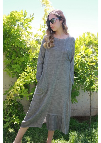 Kadın Gri Uzun Kollu Antik Dokuma Elbise