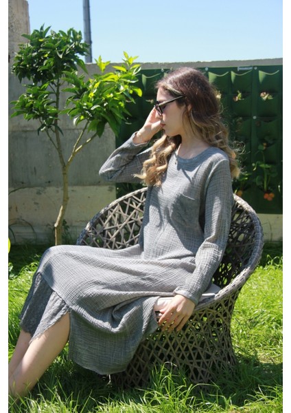 Kadın Gri Uzun Kollu Antik Dokuma Elbise fiyatları