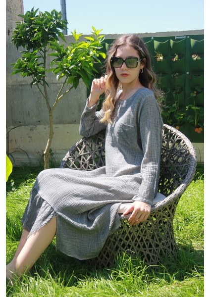 Kadın Gri Uzun Kollu Antik Dokuma Elbise modelleri