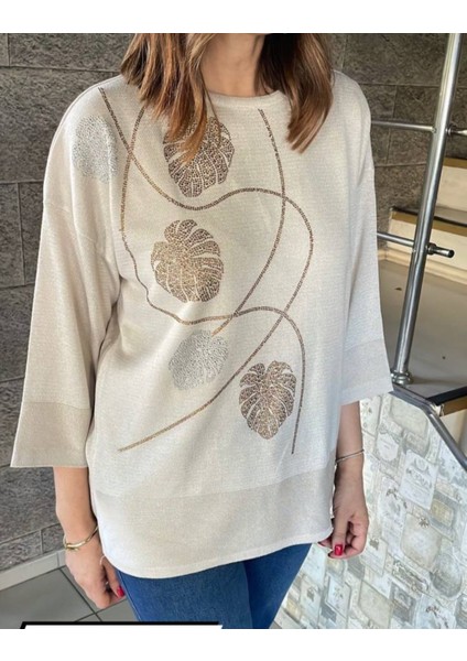 Büyük Beden Simli Örme Taş Işlemeli Truvakar Kol 42-44-46-48 Bedenlere 70 cm Boy Merserize Bluz