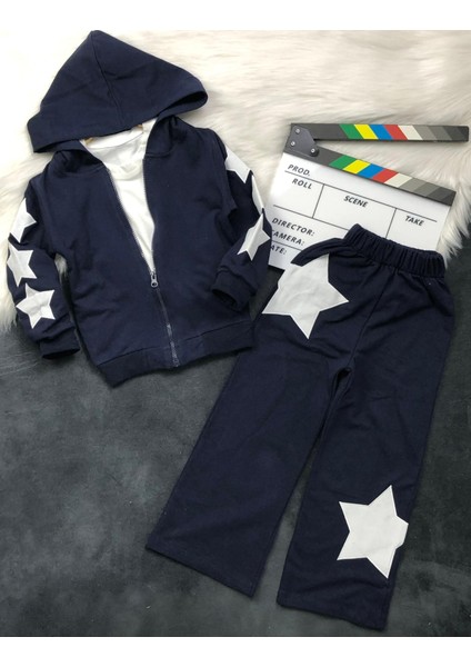 Kız Çocuk Yıldız Aplike Üçlü Takım - Hırka - Body - Pantolon - %100 Pamuklu
