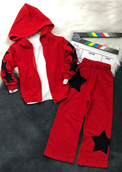 Kız Çocuk Yıldız Aplike Üçlü Takım - Hırka - Body - Pantolon - %100 Pamuklu