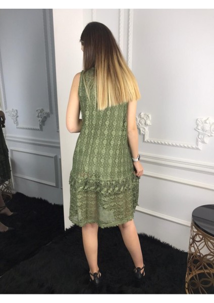 Kadın Haki Etek Ucu Fırfırlı Kolsuz Dantelli Elbise