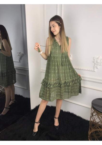 Kadın Haki Etek Ucu Fırfırlı Kolsuz Dantelli Elbise modelleri