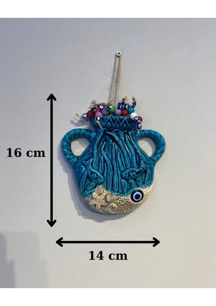 El Yapımı Seramik Testi Duvar Süsü – 16X14 cm Nazar Boncuklu Deniz Temalı Askılı Dekoratif Obje