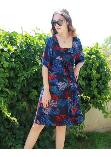 Kadın Lacivert Yarım Kollu Kare Yaka Bohem Elbise