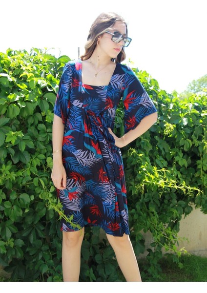 Kadın Lacivert Yarım Kollu Kare Yaka Bohem Elbise fiyatları