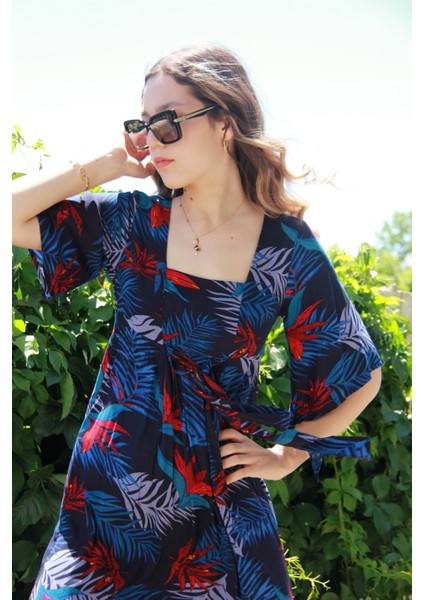 Kadın Lacivert Yarım Kollu Kare Yaka Bohem Elbise modelleri