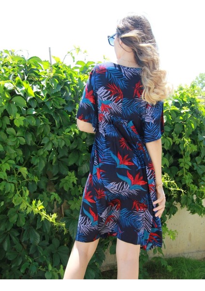 Kadın Lacivert Yarım Kollu Kare Yaka Bohem Elbise fırsatları