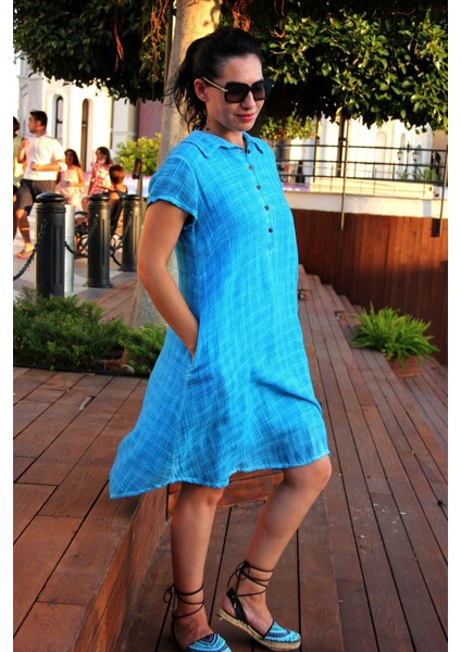 Kadın Mavi Petek Dokulu Dantel Detaylı Naturel Pamuk Elbise