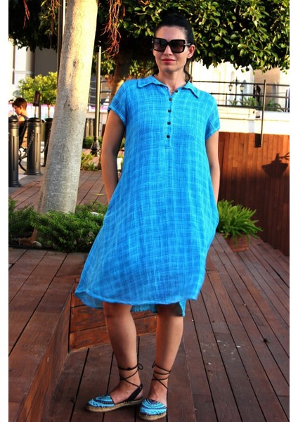 Kadın Mavi Petek Dokulu Dantel Detaylı Naturel Pamuk Elbise fiyatları