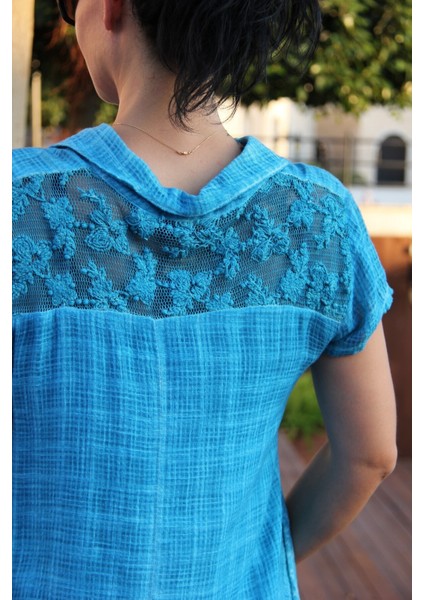 Kadın Mavi Petek Dokulu Dantel Detaylı Naturel Pamuk Elbise modelleri