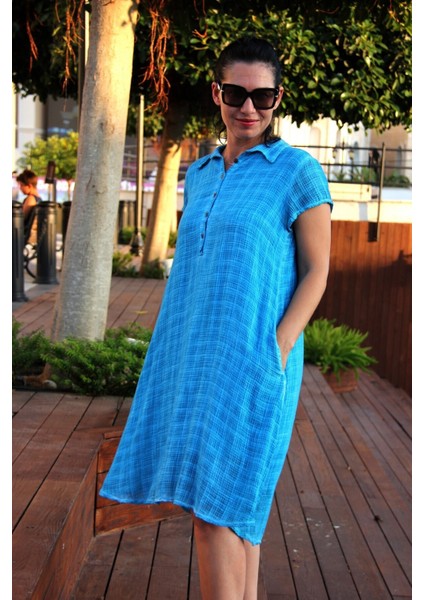 Kadın Mavi Petek Dokulu Dantel Detaylı Naturel Pamuk Elbise fırsatları