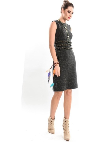 Safran Siyah Otantik Püsküllü Kolsuz Tweet Elbise fiyatları