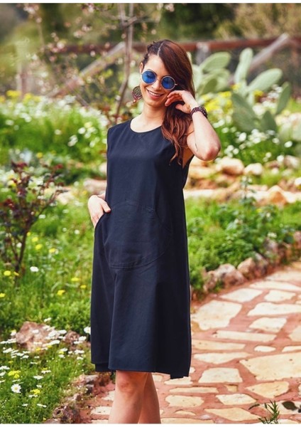 Bohem Kanguru Cep Kayık Yaka Otantik Elbise