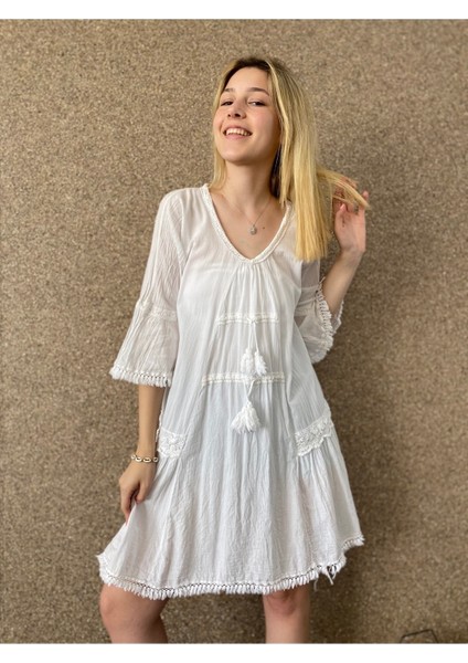 Fırfırlı Yarım Kollu Organik Pamuk Kısa Elbise