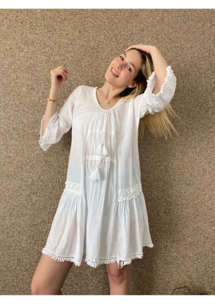 Fırfırlı Yarım Kollu Organik Pamuk Kısa Elbise fiyatları