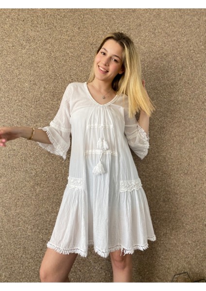 Fırfırlı Yarım Kollu Organik Pamuk Kısa Elbise modelleri