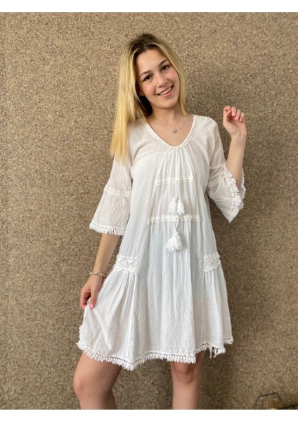 Fırfırlı Yarım Kollu Organik Pamuk Kısa Elbise fırsatları