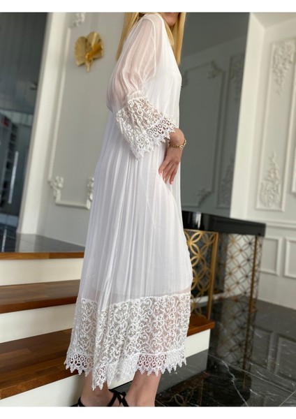 Kadın Beyaz Dantel Detaylı Uzun Ipek Elbise fırsatları