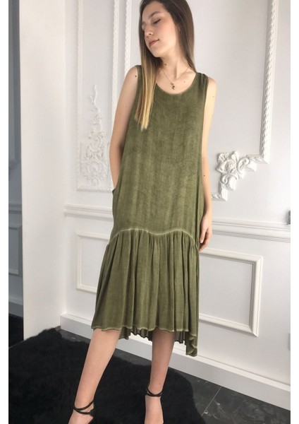 Kadın Haki Naturel Uzun Elbise
