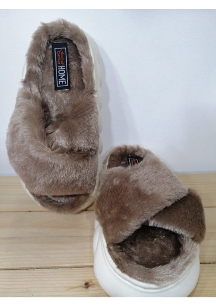 Çapraz Bantlı Rahat Yumuşak Tabanlı Tüylü Şık Ev Kış Terliği