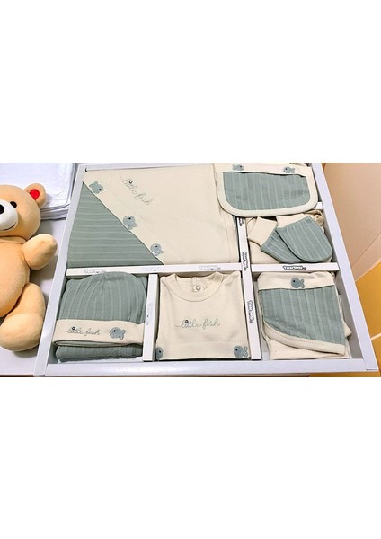 Bebek Organik Pamuk Balık Nakışlı 10 Lu Hastane Çıkış Zıbın Seti