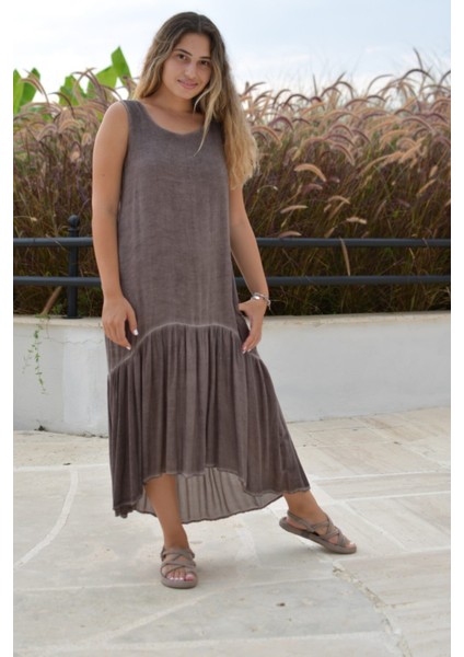 Kadın Kahve Naturel Uzun Elbise
