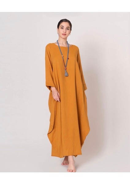 Hardal Uzun Kollu Volanlı Elbise