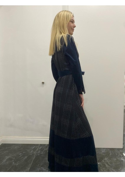 Kadın Uzun Kollu Nubuk Kadife Uzun Elbise